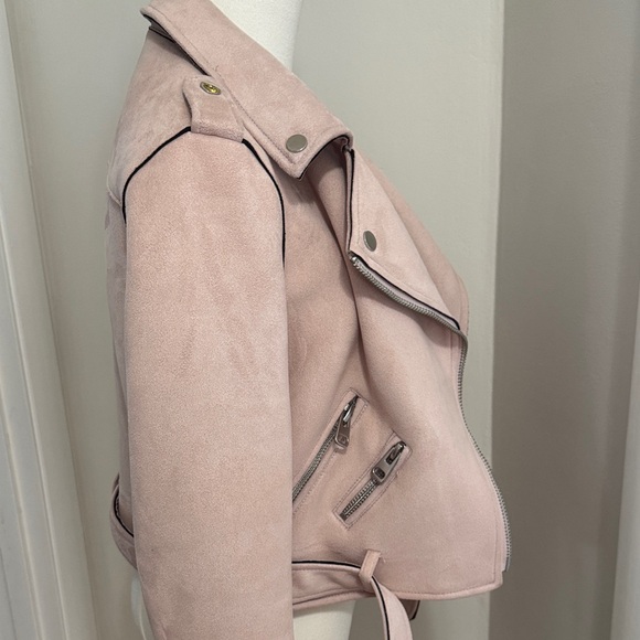 Womenβs Zara Basic Light Pink Faux Blush Faux Suede Zip Up Moto Jacked Size M - Picture 7 of 16
